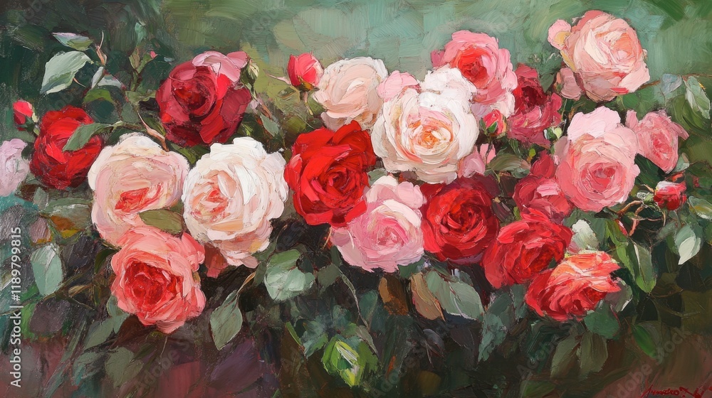 A bed of roses with varying shades of red and pink, symbolizing love and joy. A bed of roses with varying shades of red and pink, symbolizing love and joy.