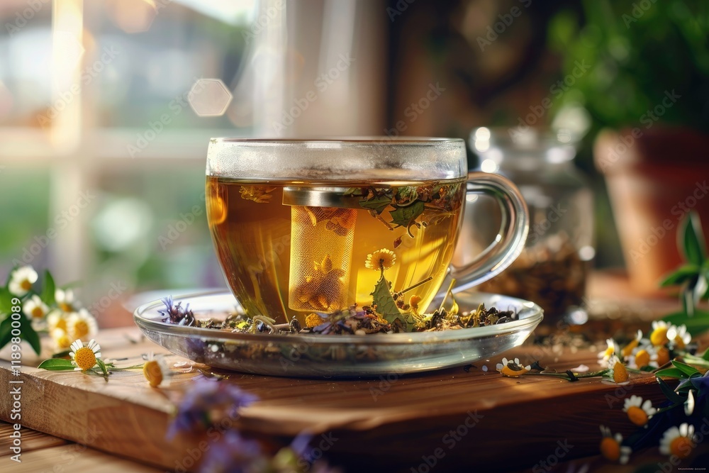 Detailed Color Image of Glass Cup of Tea with Infuser and Herbal Tea on Wooden Table Detailed Color Image of Glass Cup of Tea with Infuser and Herbal Tea on Wooden Table