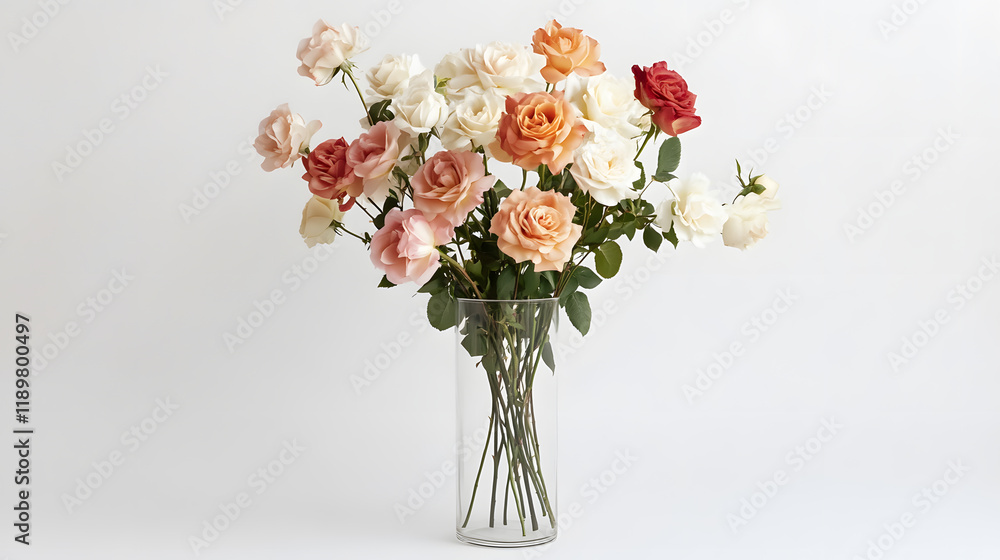 Fototapeta premium A stunning bouquet of pastel roses in various shades of peach, pink, and white, arranged in a clear cylindrical vase against a minimalist white background.