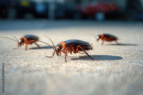 close-up view of cockroaches on concrete surface with shadows and details of bodies insect crawling in the kitchen photo