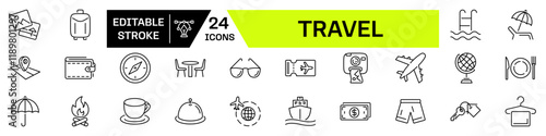 Travel icon set. Travel and tourism linear icon set with Editable Stroke.