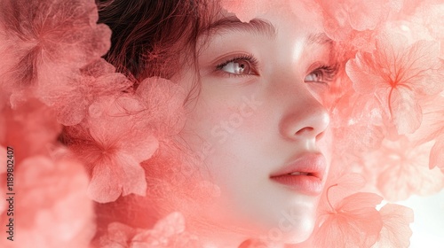 A Dreamlike Close-up Portrait of a Woman Surrounded by Delicate Pink Blossoms Blurring the Lines Between Nature and Artistic Beauty