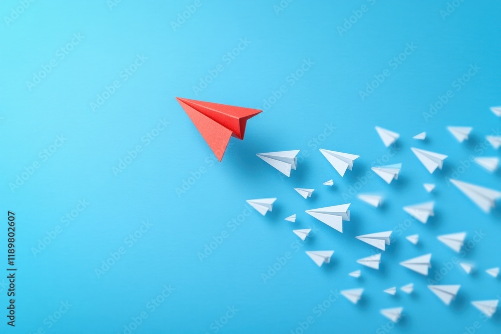 Innovative Business Concept with Red Paper Airplane Leading White Planes on Blue Background Innovative Business Concept with Red Paper Airplane Leading White Planes on Blue Background