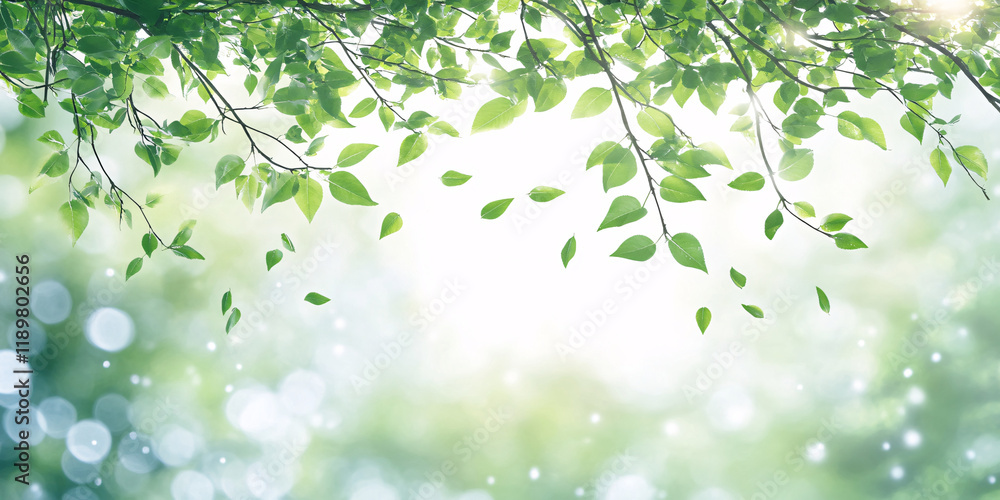 Peaceful springtime scene, vibrant green leaves, Peaceful springtime scene, vibrant green leaves,