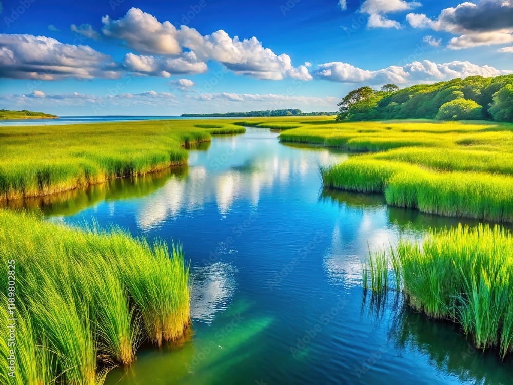 Serene Bass River, Yarmouth Cape Cod: Summer Tidal Marsh Scenery Serene Bass River, Yarmouth Cape Cod: Summer Tidal Marsh Scenery