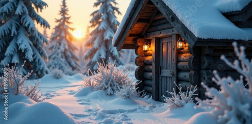 Frosty branches and leaves cling to a wooden cabin door on a cold winter evening, snowy forest, cabin