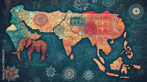 South Asia map, elephant, patterned design, travel, background patterns, education