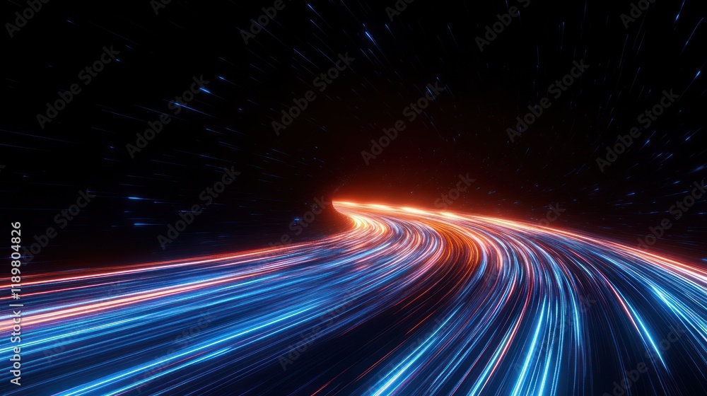 Futuristic Cyberpunk Landscape with Blue and Red Light Trails Concept of Speed and Motion in Advanced Technology Futuristic Cyberpunk Landscape with Blue and Red Light Trails Concept of Speed and Motion in Advanced Technology