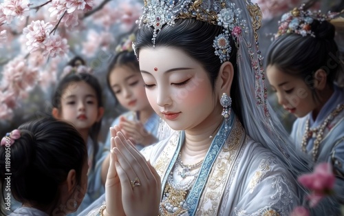 Guan Yin: compassionate bodhisattva, Kuan Yin devotion, Asian spirituality, infinite kindness, sound observer, divine guidance, aid giver, world listener, prayer helper, East Buddhist protector. photo