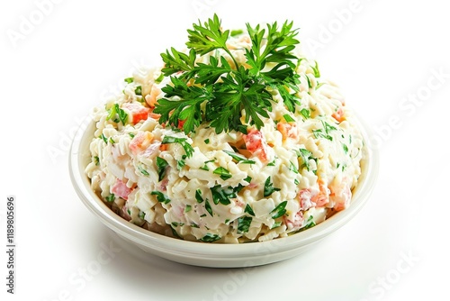 Russian Traditional Salad Olivier with Parsley on Top Isolated on White Background photo