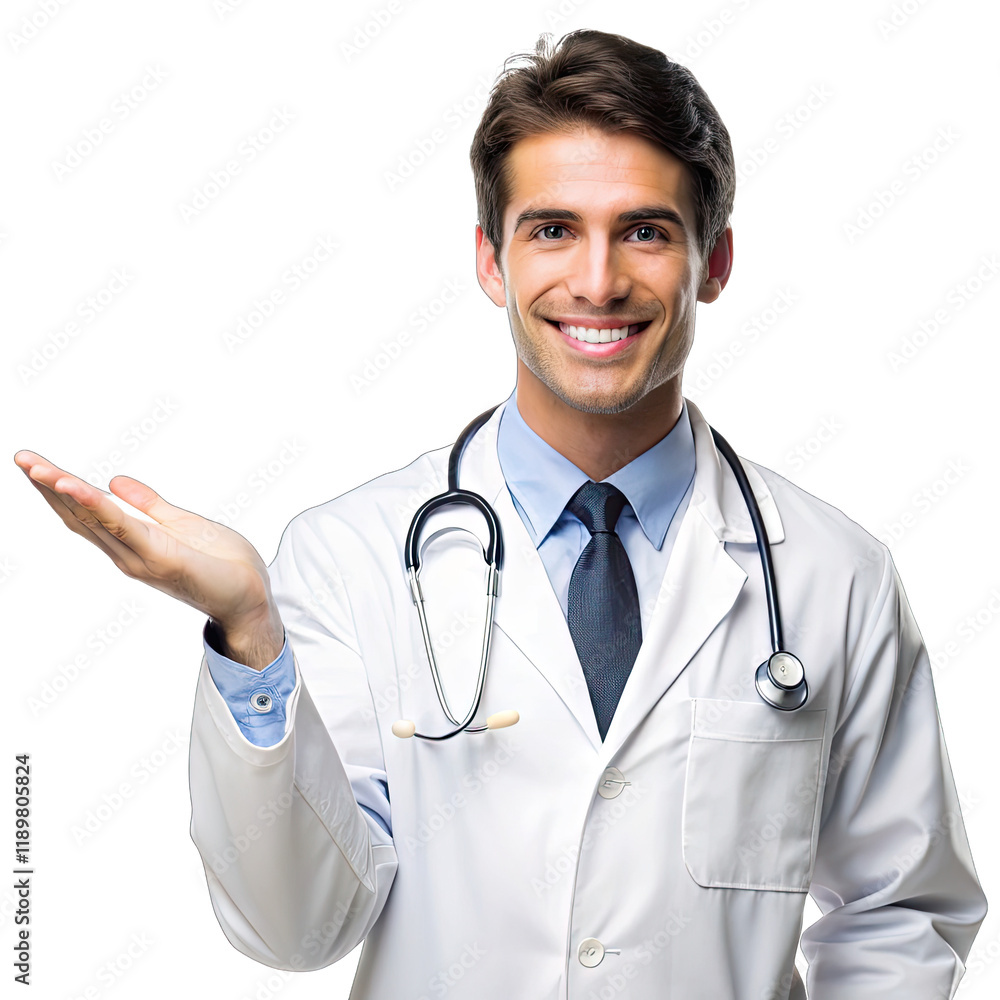 Young male doctor wearing a white coat and stethoscope smiles while gesturing to convey health advice and build rapport with patients Young male doctor wearing a white coat and stethoscope smiles while gesturing to convey health advice and build rapport with patients