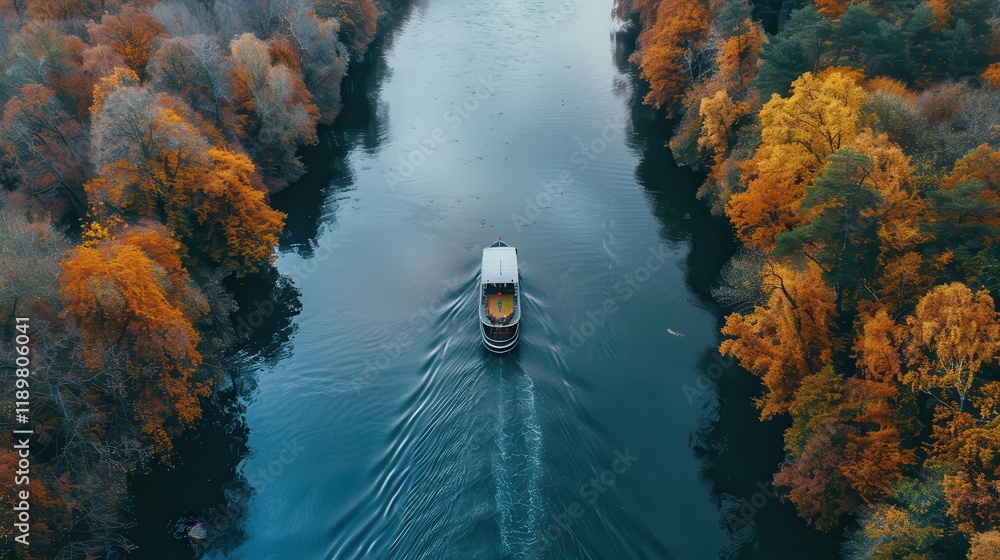 Fototapeta premium A serene river scene with a boat navigating through vibrant autumn foliage.
