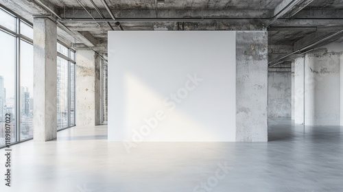 A pristine open space features a white wall with no decorations, providing a blank canvas for various uses or designs in a minimalist setting. photo