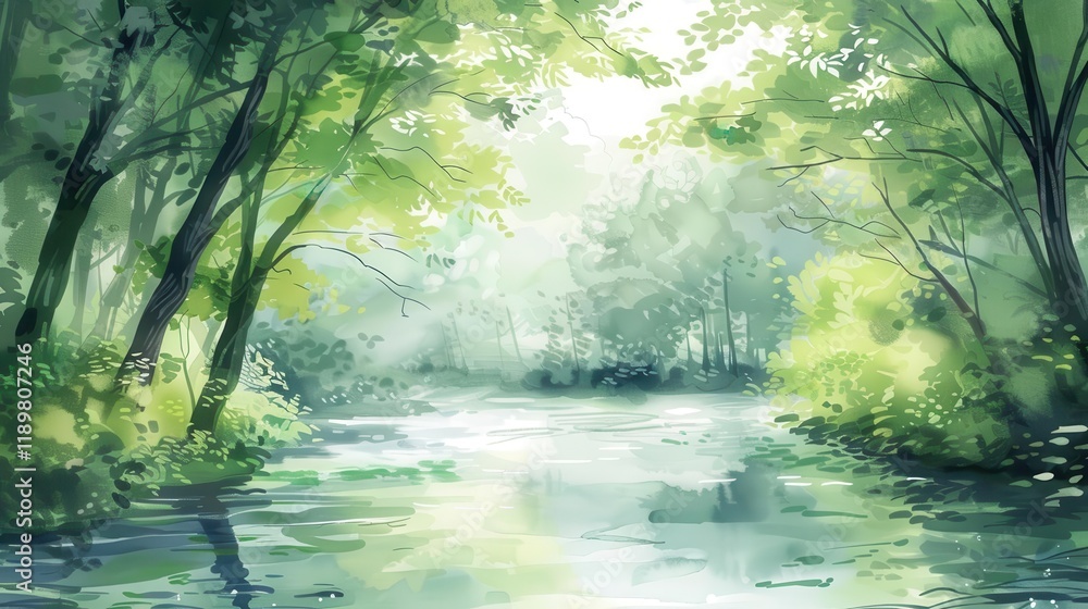 Obraz premium A serene riverside scene with lush greenery and soft light filtering through trees.