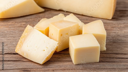 Freshly Cut Squares of Delicious Cheese on Rustic Wooden Surface photo