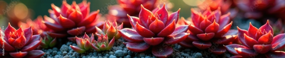 Low sunlight falls on a crimson succulent plant, red plants, succulents, plants