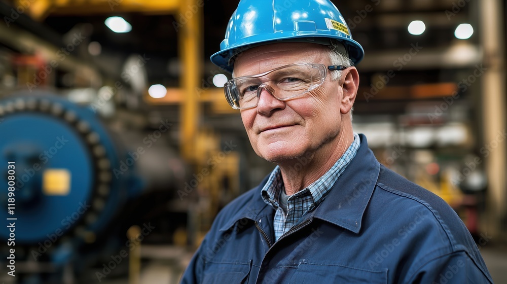 Senior engineer in a blue uniform and hard hat, standing confidently in an industrial facility. Senior engineer in a blue uniform and hard hat, standing confidently in an industrial facility.