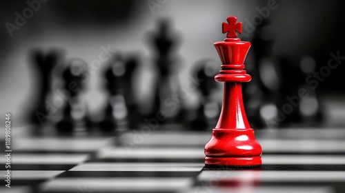 A red king chess piece prominently stands out on a chessboard, with blurred black chess pieces in the background, emphasizing its significance and central role in the game. photo