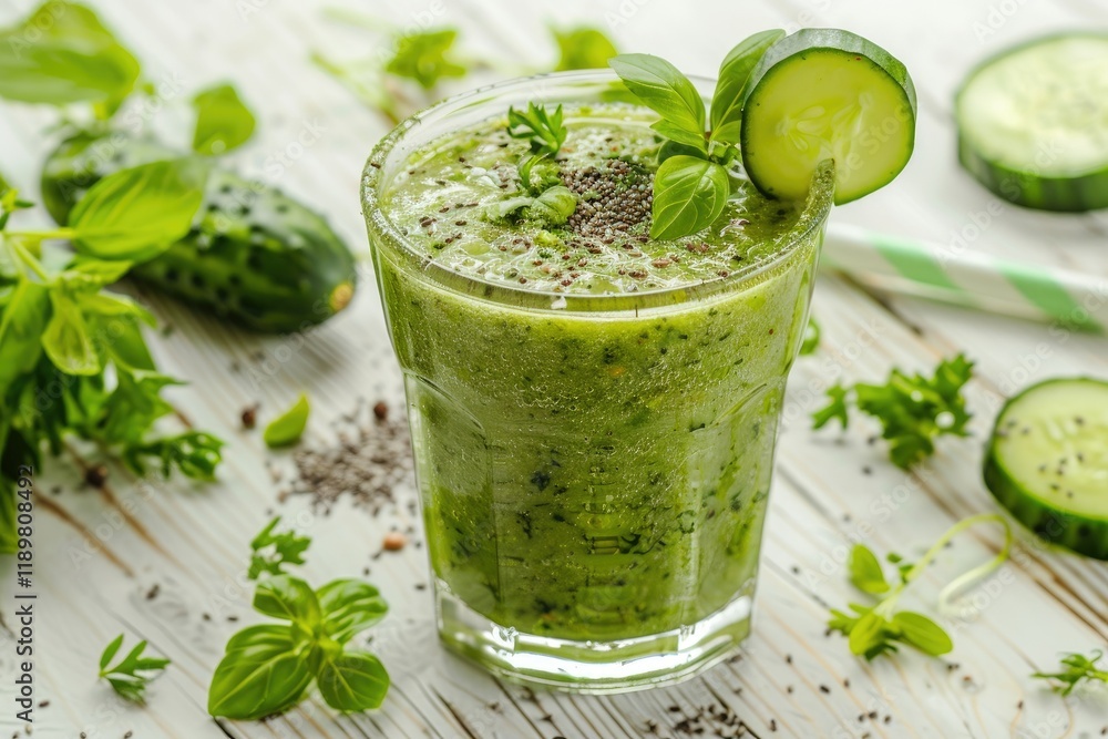 High Resolution Image of Raw Green Smoothie with Herbs and Cucumber on White Wooden Background High Resolution Image of Raw Green Smoothie with Herbs and Cucumber on White Wooden Background