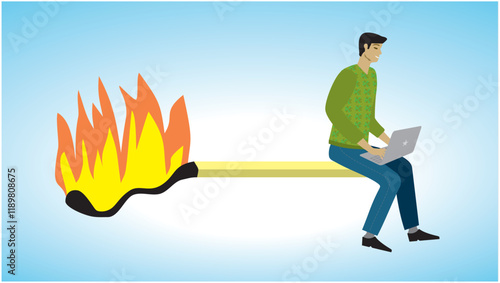Stressful deadline. Man with laptop sitting on burning match stick trying to hold timeline. Dimension 16:9. Vector illustration.