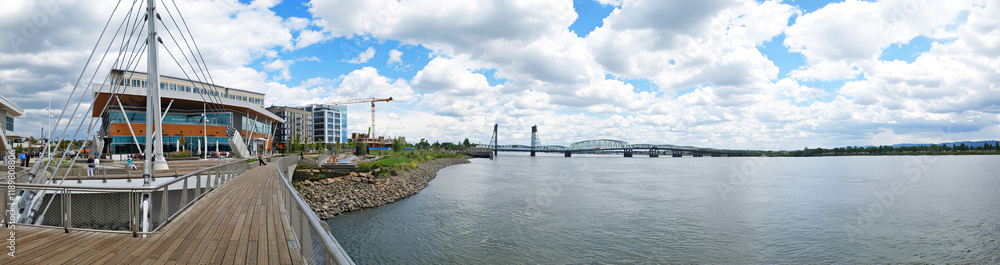 Fototapeta premium Vancouver, Wa waterfront, Grant Street Pier and looking South at the I-5 bridge over the Columbia river