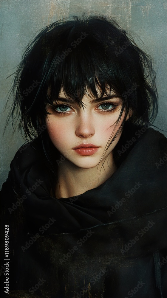 Mysterious Woman Portrait: Dark Hair, Captivating Gaze Mysterious Woman Portrait: Dark Hair, Captivating Gaze