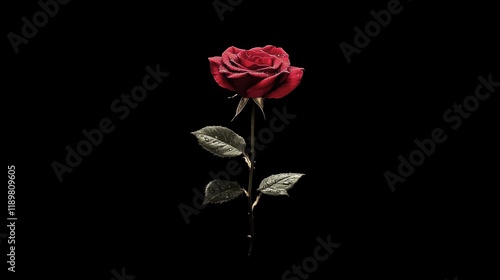 A single red rose with dewdrops on its petals, placed against a black background, symbolizing love and passion.