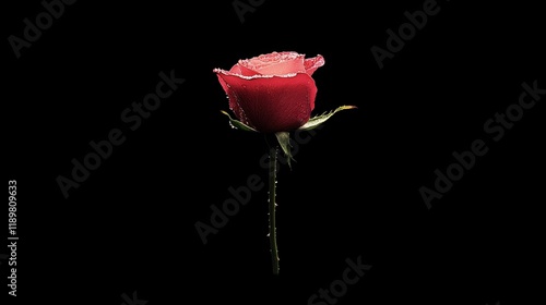 A single red rose with dewdrops on its petals, placed against a black background, symbolizing love and passion.
