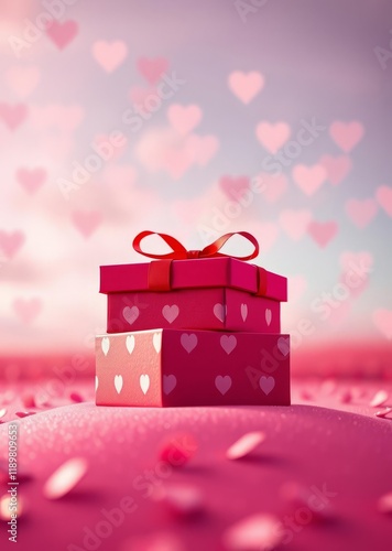 Red gift box on a pink background wuth heart shape bokeh valentines love heart valentine vector romantic day holiday photo