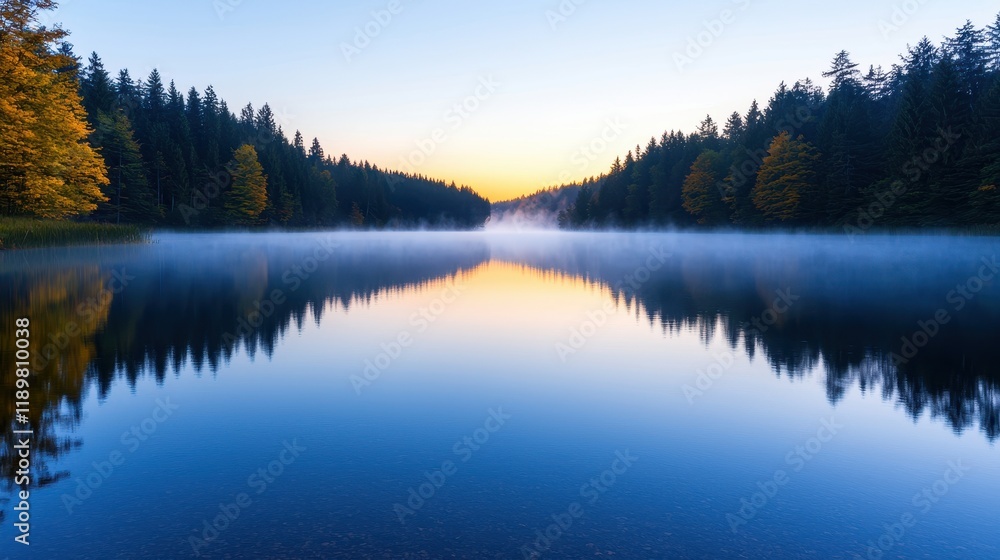 Obraz premium Serene Sunrise Over Calm Lake Amidst Misty Forest Landscape