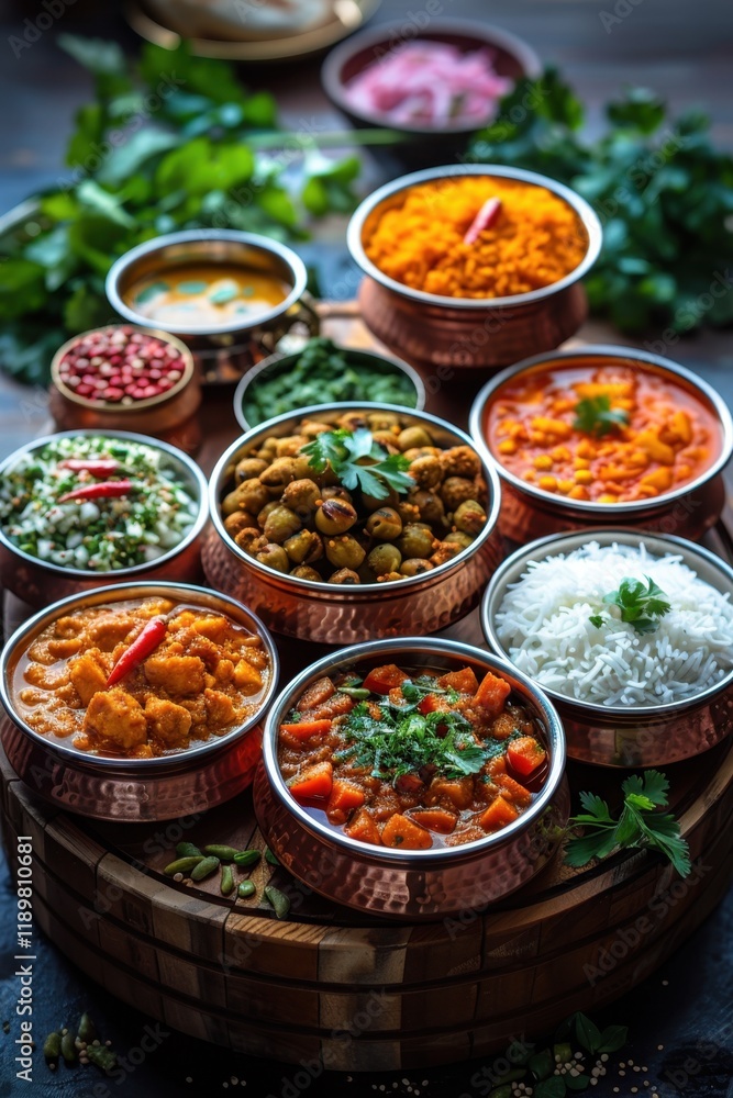 Fototapeta premium Several bowls of different types of food are arranged on a wooden tray, indian food, food background, vertical background