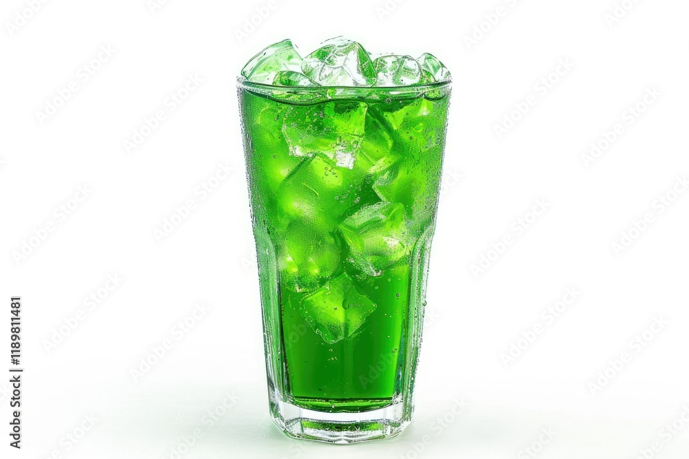 Refreshing Green Soda Soft Drinks with Ice in a Clear Tall Glass Isolated on White Background Refreshing Green Soda Soft Drinks with Ice in a Clear Tall Glass Isolated on White Background