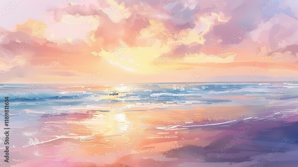 Obraz premium A serene sunset over the ocean, with vibrant colors reflecting on the water's surface.