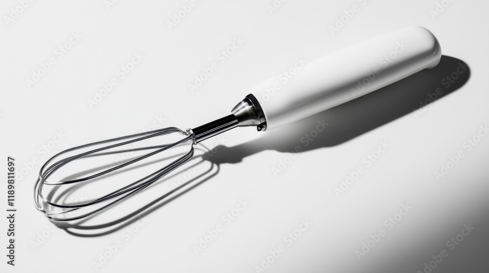 Fototapeta premium A minimalist view of a hand mixer lying on a glossy white surface with soft shadows.