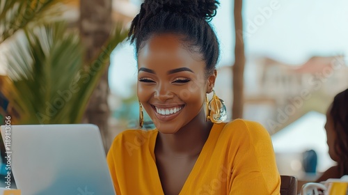 A smiling African woman interacting with an online business interface, showcasing a positive and engaging digital work environment. photo