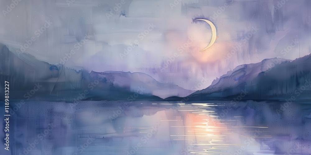 Fototapeta premium A serene twilight landscape with a crescent moon reflecting on a calm lake surrounded by mountains.