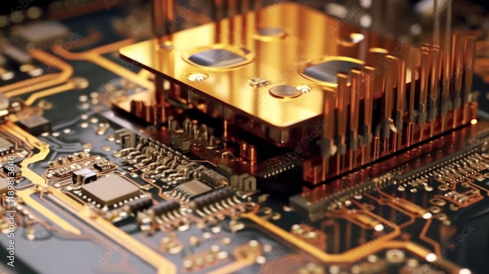 Close-up of a golden microprocessor on a circuit board, showcasing intricate technological details. High-tech electronic component. Close-up of a golden microprocessor on a circuit board, showcasing intricate technological details. High-tech electronic component.