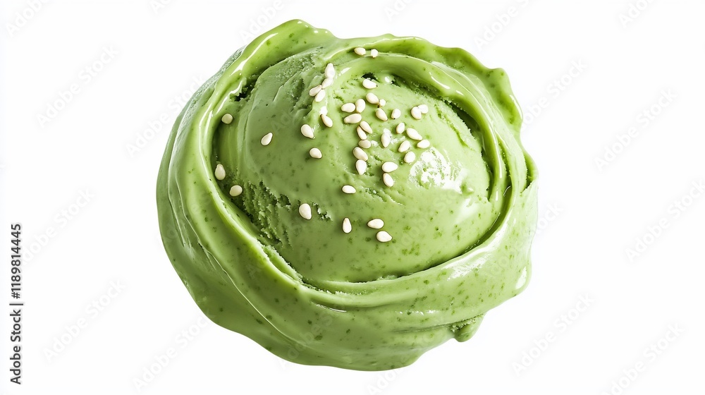Naklejka premium Scrumptious Matcha Green Tea Ice Cream Scoop with Sesame Seeds