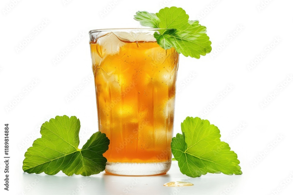 High Resolution Picture of Glass of Gotu Kola Ice Tea with Green Leaf Isolated on White Background High Resolution Picture of Glass of Gotu Kola Ice Tea with Green Leaf Isolated on White Background