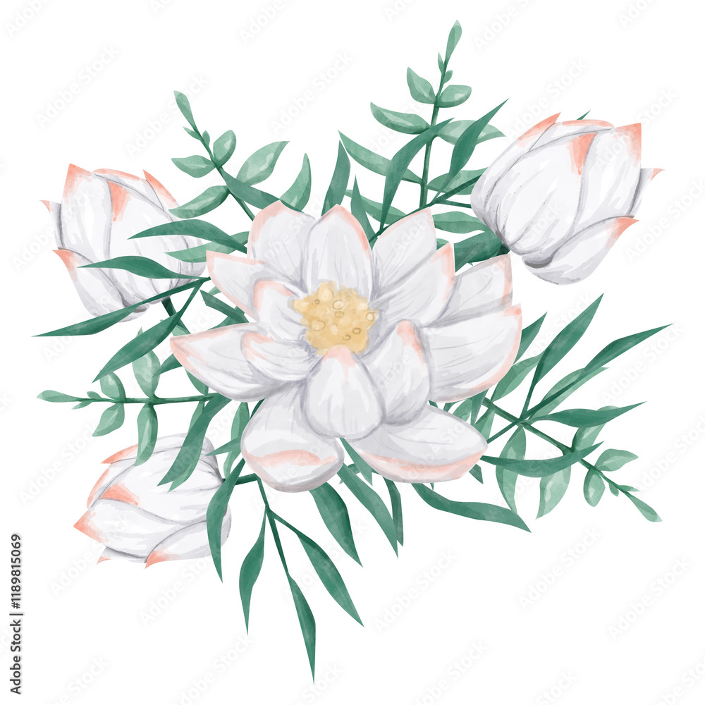 Watercolor Arrangement with White and Pink Water Lily Flowers and Tropical Plants, Composition Illustration for Printing, Web and Textiles Watercolor Arrangement with White and Pink Water Lily Flowers and Tropical Plants, Composition Illustration for Printing, Web and Textiles