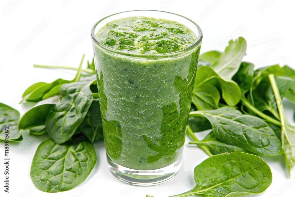 Detailed Image of Glass of Healthy Green Smoothie with Fresh Spinach on White Background Detailed Image of Glass of Healthy Green Smoothie with Fresh Spinach on White Background