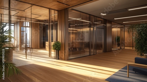 A sophisticated wooden business interior featuring glass rooms and discreet, invisible doors, designed for a modern and professional meeting space. photo