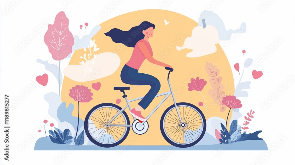 Fototapeta premium Woman Cycling in Springtime: A Joyful Bicycle Ride Through Blooming Meadows