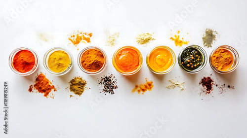 Fototapeta Naklejka Na Ścianę i Meble -  Indian street food display featuring vibrant masala dosa, chutneys, and small jars of colorful spices on a white surface 