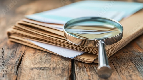 A stack of job applications accompanied by folders and a magnifying glass, symbolizing the process of reviewing and assessing potential candidates. photo