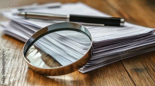 A stack of job applications accompanied by folders and a magnifying glass, symbolizing the process of reviewing and assessing potential candidates. photo