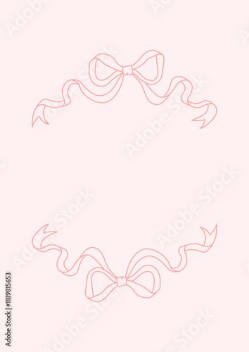 Frame of coquette pretty charming pink bows. Hand drawn trendy ribbons border. Vintage bowknots frame for greeting cards, wedding, invitations, social media