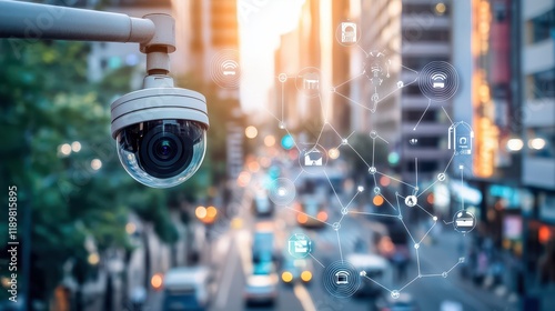 A street surveillance camera mounted in an urban environment, accompanied by various icons representing security and monitoring functions. photo