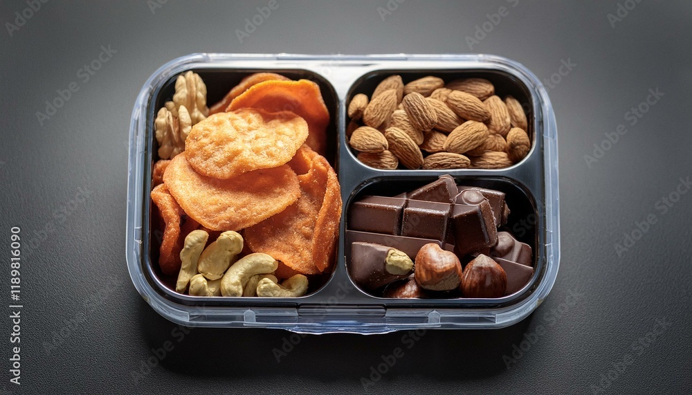 Fototapeta premium A compact lunchbox with compartments containing mixed nuts, dark chocolate squares, and vegg