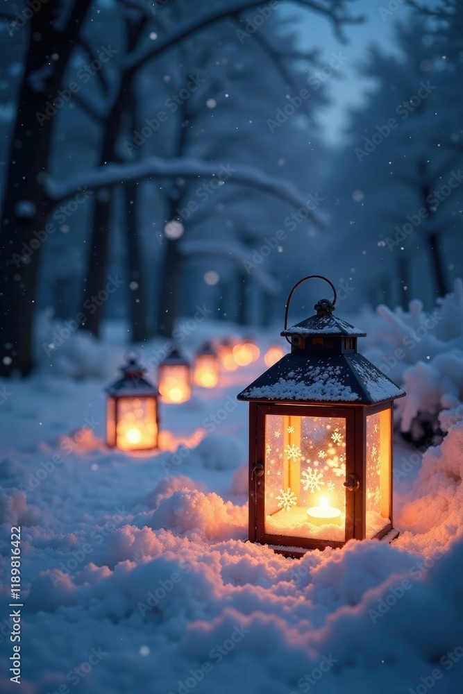 Snowflake lanterns glow softly in a frosty winter scene, lanterns, glowing lights Snowflake lanterns glow softly in a frosty winter scene, lanterns, glowing lights
